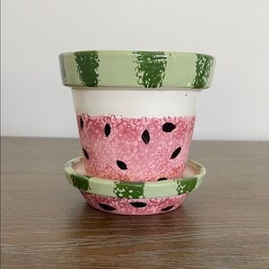 Hand-Painted Watermelon Ceramic Planter with Saucer